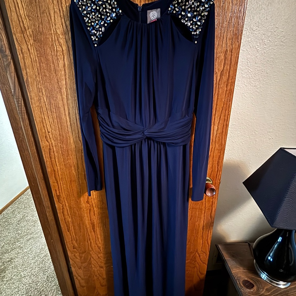 Vince Camuto Navy Long Sleeve Dress with Embellished Shoulders